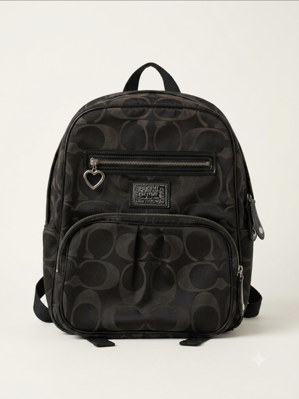 Coach Poppy Black Signature Nylon Backpack with Heart Charm